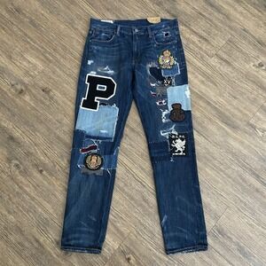 Polo Ralph Lauren Dungarees Patchwork Blue Distressed Denim Pants Wmns Sz 25 NEW
